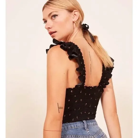 Reformation Top Womens 2 Elena Coco Black Rose Floral Ruffle Sweetheart Crepe - Picture 2 of 10